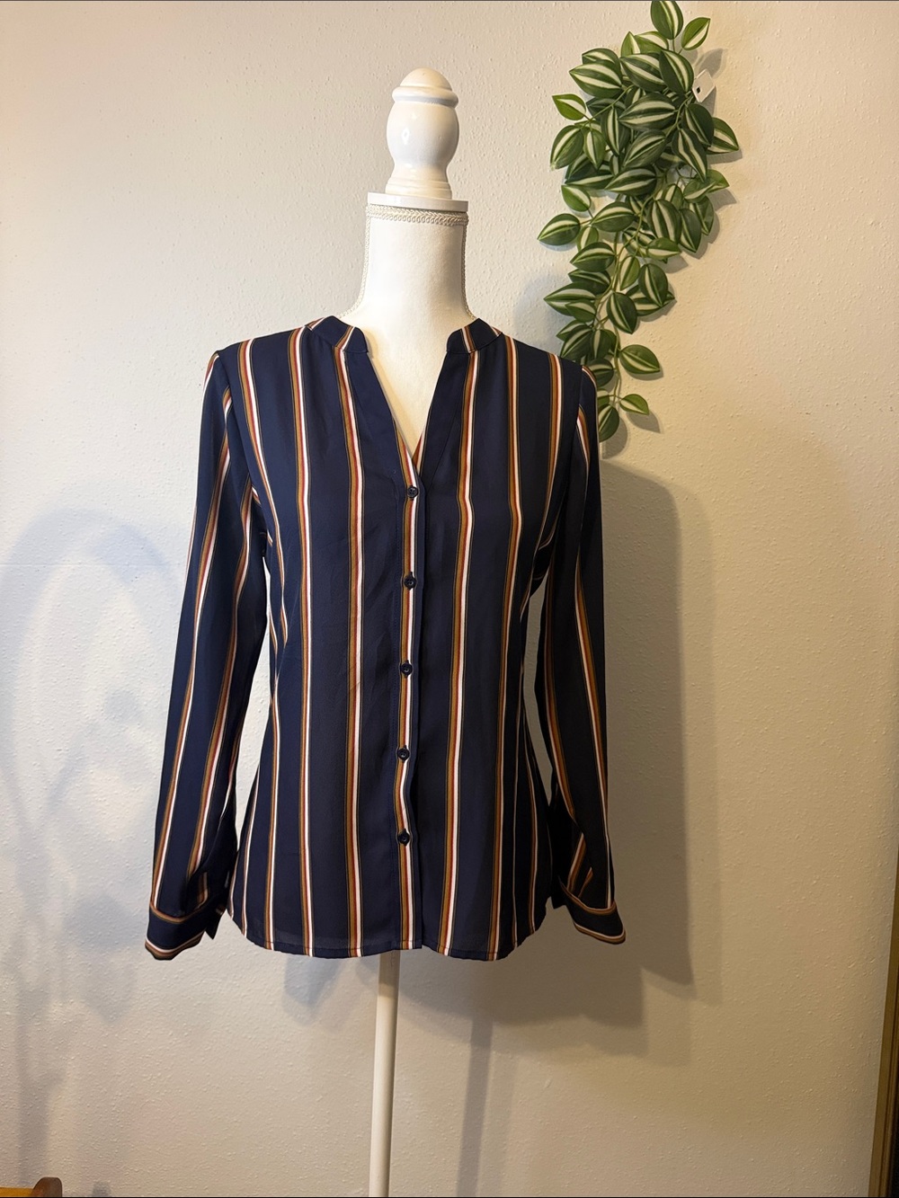 Sophie Rue Navy Button-Front Striped Blouse with Cream and Tan Accents
